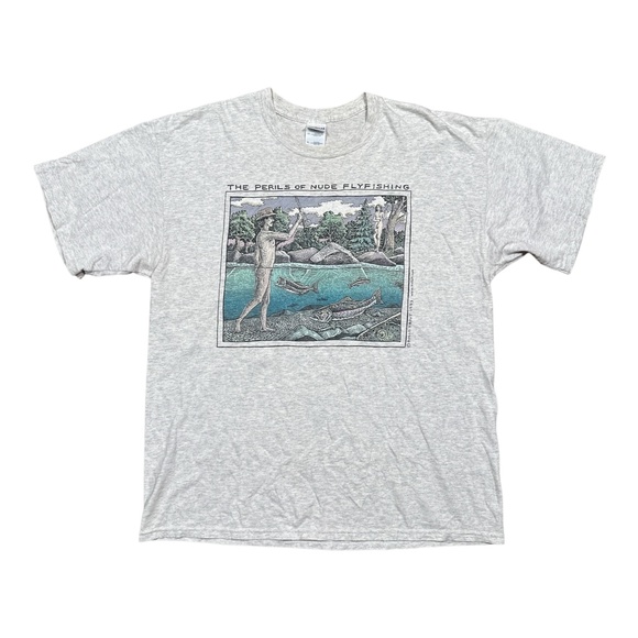 Vintage Y2K Perils of Fly Fishing Funny Rollo Trout Gray T Shirt Mens XL - Picture 1 of 9